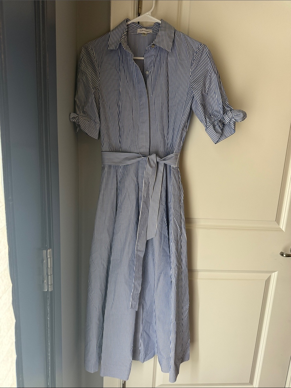 Calvin Klein Light Blue and White Striped Midi Shirt Dress